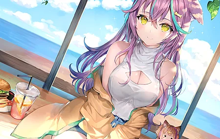 莫莫科 紫色头发 微笑 动漫 动漫女孩 AI艺术 黄眼睛 兽耳  电脑壁纸 4K壁纸