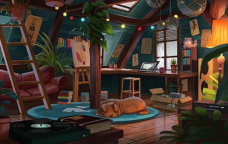 狗 室内 室内 房间 动物 睡觉 音响 沙发 植物 桌子 显示器 书籍  电脑壁纸 4K壁纸