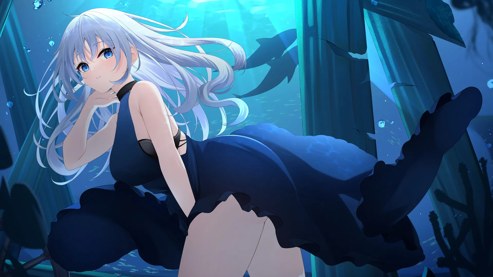 白发 蓝眼睛 动漫 动漫女孩 连衣裙 水中 水下 电脑壁纸 8K壁纸