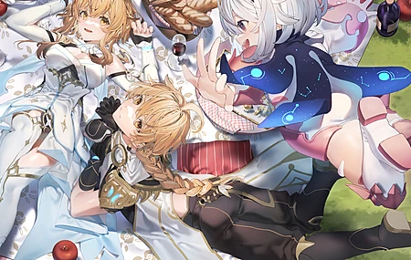 动漫女孩 动漫男孩 野餐 食物 水果 面包 葡萄酒 酒杯  电脑壁纸 4K壁纸