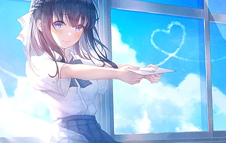  蓝眼睛 深色头发 动漫 动漫女孩 裁剪 窗户 字母 校服 腮红  电脑壁纸 4K壁纸