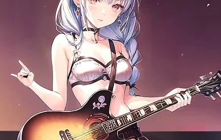 人物 辫子 吉他 动漫 动漫女孩 AI艺术 艺术 乐器 耳环  电脑壁纸 4K壁纸
