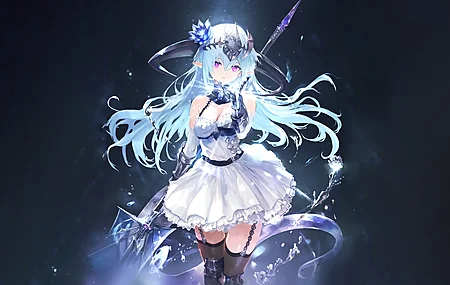 蓝色头发 红色眼睛 长发 动漫 动漫女孩 兽耳 武器 长筒袜  电脑壁纸 4K壁纸