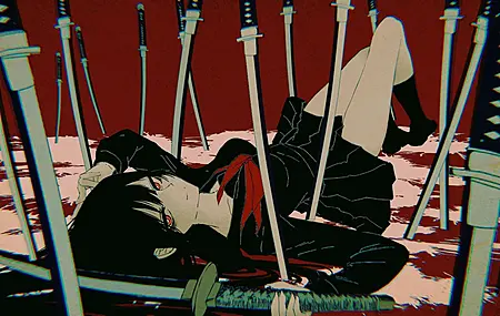 红眼睛 女学生 水手 制服 武士 动漫女孩 武器 黑发 校服  电脑壁纸 4K壁纸