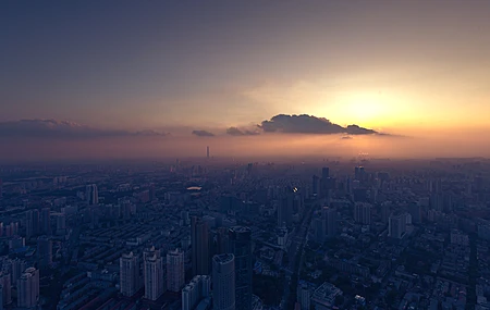 城市 天空 建筑 城市景观 云 橙色天空 摩天大楼 朦胧 青绿色 橙色  电脑壁纸 4K壁纸