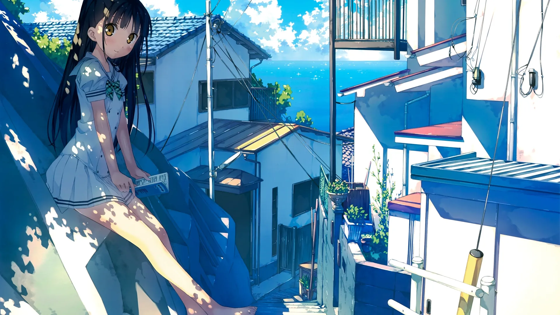  长发 深色头发 赤脚 动漫女孩 黄眼睛 校服  电脑壁纸 4K壁纸