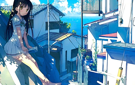  长发 深色头发 赤脚 动漫女孩 黄眼睛 校服  电脑壁纸 4K壁纸