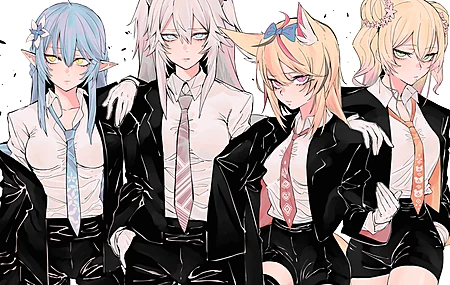 长发 蓝色 头发 动漫 领带 兽耳 手套 动漫女孩 简单的背景 白色背景 领带 蝴蝶结 露肩 银发 猫耳朵 电脑壁纸 4K壁纸