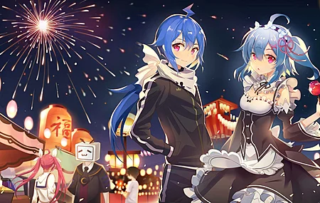 蓝色头发 粉色眼睛 bilibili 动漫 动漫女孩 女仆  电脑壁纸 4K壁纸