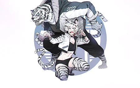 人物 猫女 短发 尖牙 老虎 猫耳朵 猫尾巴 大腿 动漫 动漫女孩 数字艺术  电脑壁纸 4K壁纸