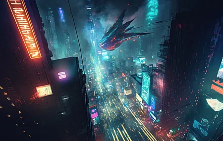 人工智能艺术 城市 赛博朋克 城市灯光 未来派 霓虹灯 街道  电脑壁纸 4K壁纸