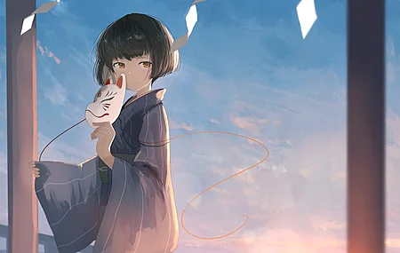 女孩 动漫女孩 短发 和服 面具 蓝色  电脑壁纸 4K壁纸