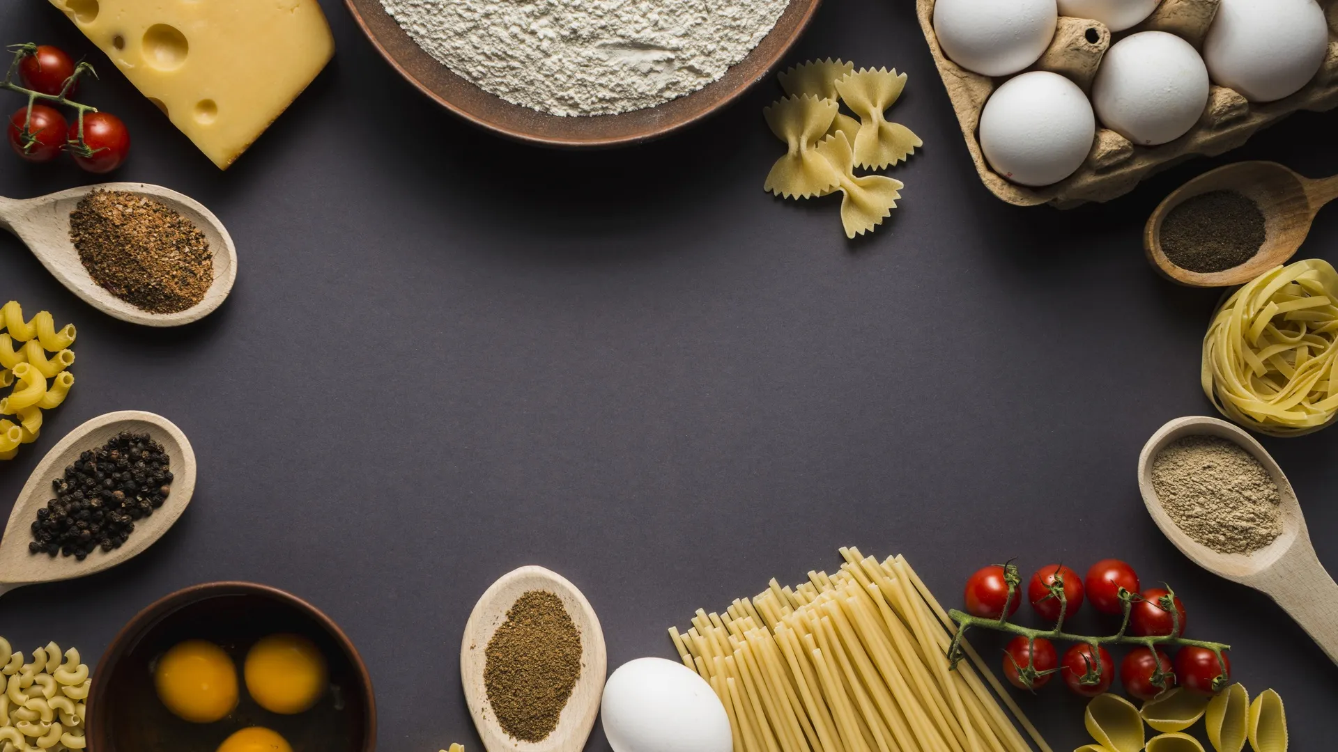 静物 面条 鸡蛋 食物 奶酪 西红柿 意大利面 法式面条 面粉  电脑壁纸 4K壁纸