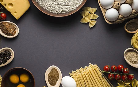 静物 面条 鸡蛋 食物 奶酪 西红柿 意大利面 法式面条 面粉  电脑壁纸 4K壁纸