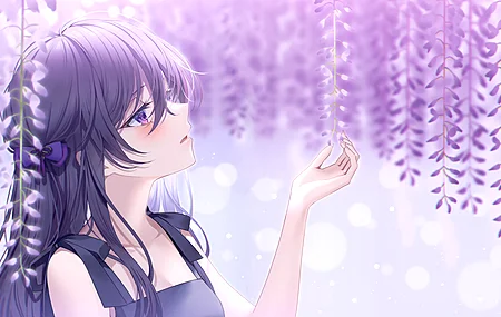 紫色头发 长发 动漫  动漫女孩 花朵 紫色眼睛 脸红 领结   电脑壁纸 4K壁纸