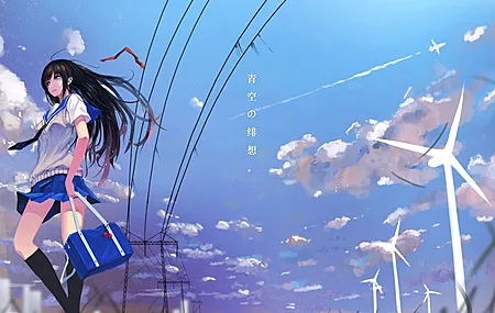 长发 站立 直发 蓝眼睛 黑发 动漫 动漫女孩 裙子 黑发 天空 云 蓝色裙子 风车 校服 艺术品 迷你裙  电脑壁纸 4K壁纸