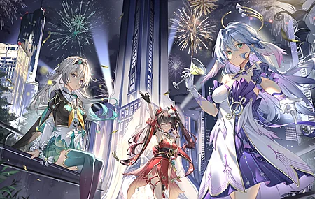 长发 艺术家 嘴唇 站着 眼睛 动漫游戏 女孩 烟花 建筑 天空 大腿 崩坏  电脑壁纸 4K壁纸