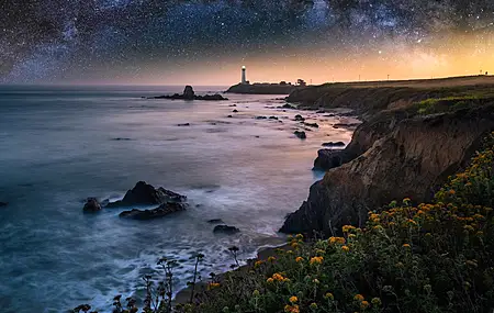 风景 夜景 摄影 灯塔 梦境 自然 大海 悬崖 日落  电脑壁纸 4K壁纸