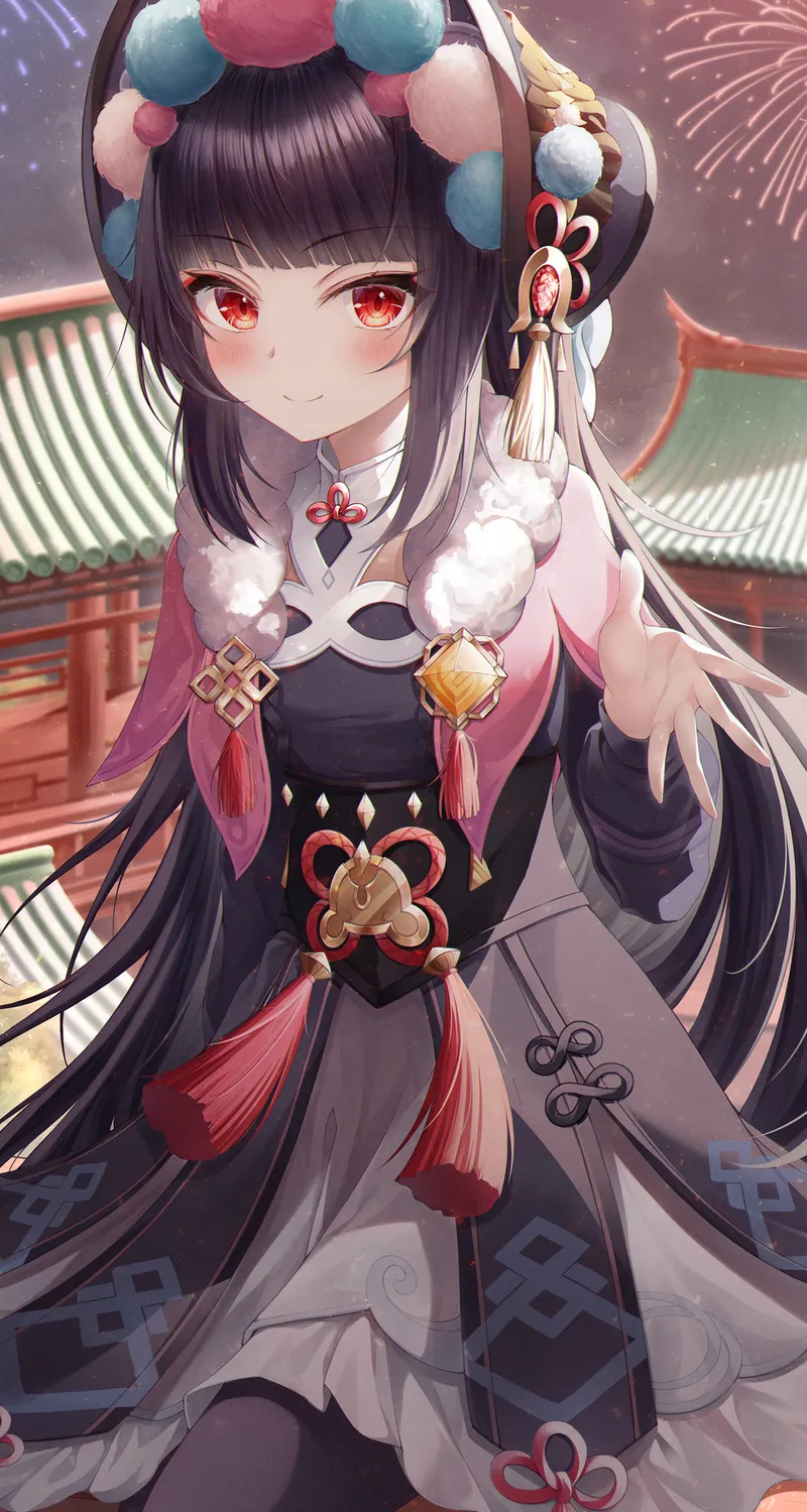红眼 原神 动漫 云锦 动漫少女 烟火 黑发  手机壁纸 4K壁纸