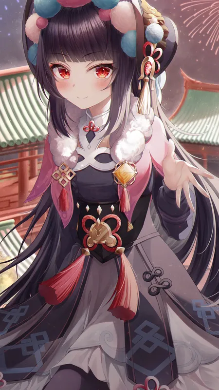 红眼 原神 动漫 云锦 动漫少女 烟火 黑发  手机壁纸 4K壁纸
