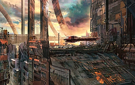  科幻 AI艺术 概念艺术 未来 奇幻艺术 日落 宇宙飞船 赛博朋克 网络  电脑壁纸 4K壁纸