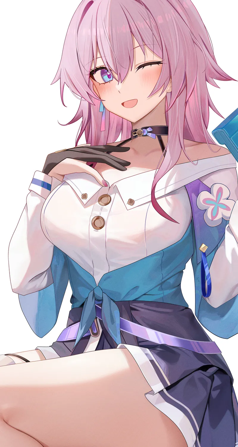 坐着 长发 崩坏 星际铁路 动漫女孩 脸红 相机 简单背景 白色背景 极简主义  手机壁纸 4K壁纸