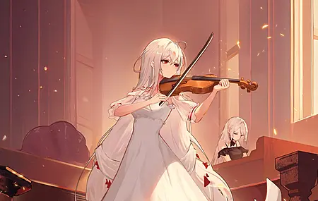 站立 长发 红眼睛 闭着眼睛 白发 动漫女孩 小提琴 乐器 连衣裙 树叶 高跟鞋 脚尖 钢琴  手机壁纸 4K壁纸
