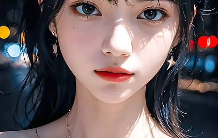 女性 亚洲 肩膀 深色头发 长发 艺术 项链 景深 城市灯光   手机壁纸 4K壁纸