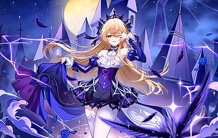 红眼睛 动漫女孩 原神 菲舍尔 花瓣 玫瑰 羽毛 月亮 城堡  电脑壁纸 4K壁纸