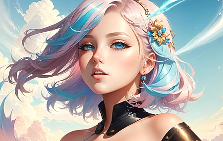 女人 蓝眼睛 人工智能艺术 五颜六色 肖像  头发 耳环 云 天空  电脑壁纸 4K壁纸