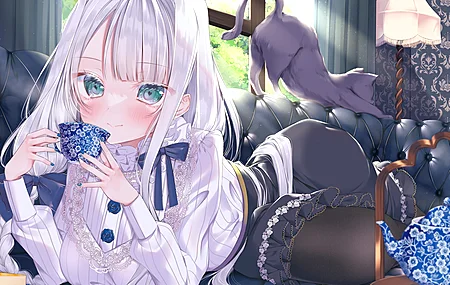 白发 蓝眼睛 长发 沙发 动漫 动漫女孩 茶 猫 心眼 蛋糕  电脑壁纸 4K壁纸