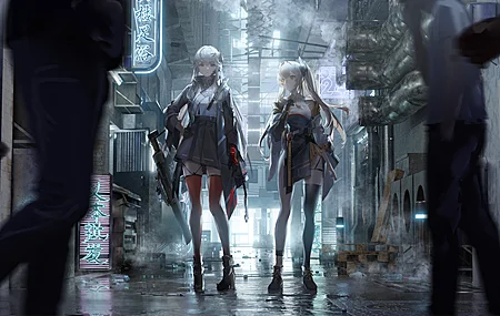 女孩 长发 动漫 动漫女孩 枪 手套 双胞胎 霓虹灯 标志 城市 赛博朋克 游戏  电脑壁纸 4K壁纸