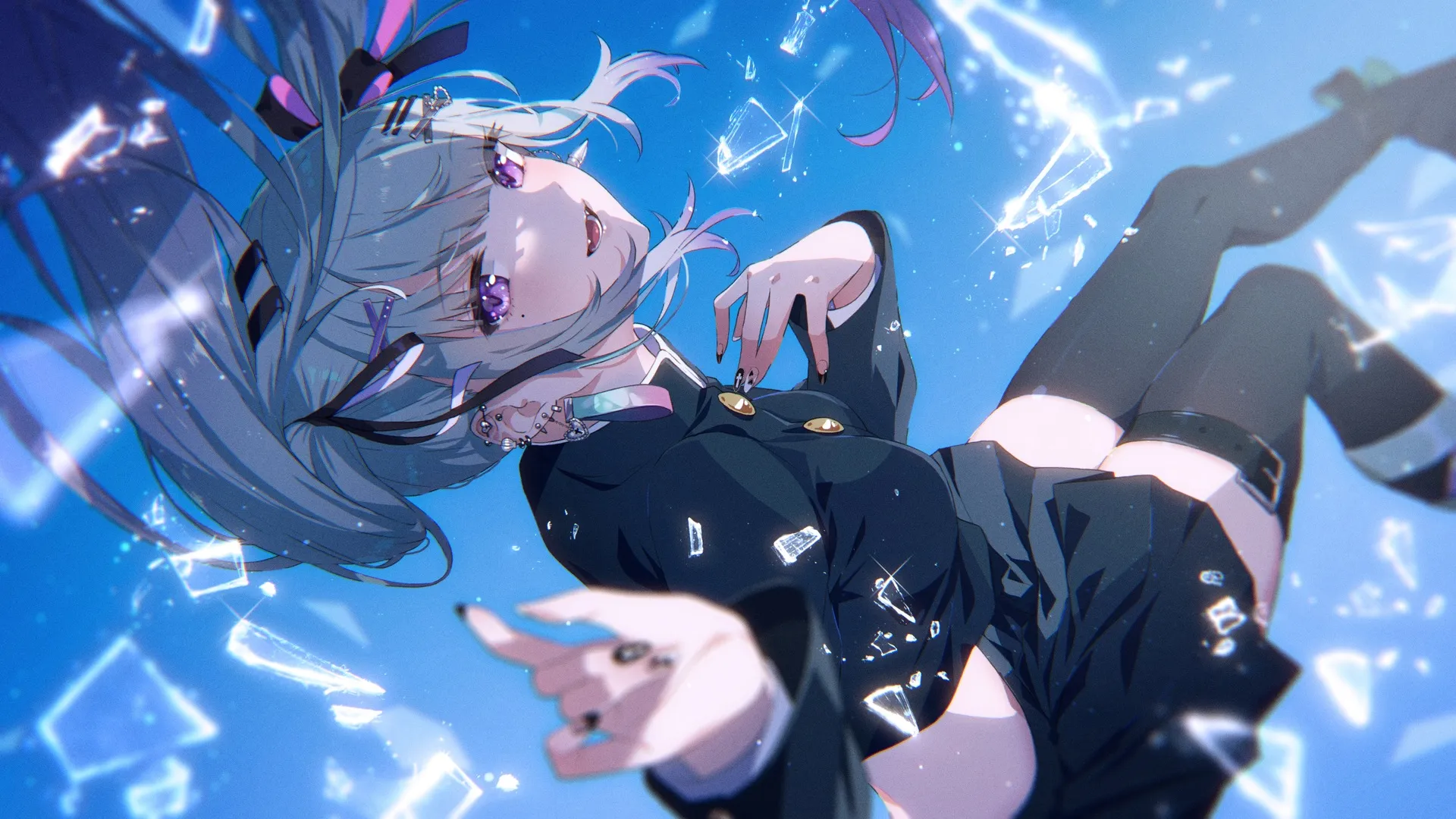 长发  微笑 动漫女孩 回头  灰色头发 头饰 发夹 制服 黑色丝袜 双马尾辫  电脑壁纸 4K壁纸