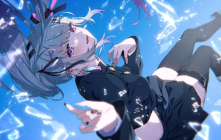 长发  微笑 动漫女孩 回头  灰色头发 头饰 发夹 制服 黑色丝袜 双马尾辫  电脑壁纸 4K壁纸