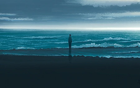 站立 头发 艺术品 数字艺术 数字绘画 动漫 海滩 阴影 波浪 云 孤独   电脑壁纸 4K壁纸