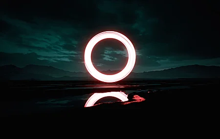 圆形 霓虹 黑暗 反射 反射 水 云 夜 自然 低光 数字艺术 红色   电脑壁纸 4K壁纸