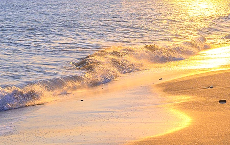 海滩 日落 水 沙子 阳光 波浪 自然  电脑壁纸 4K壁纸