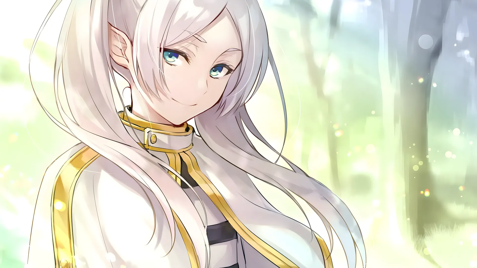 白发 长发 蓝眼睛 微笑 动漫女孩 尖耳朵 树  电脑壁纸 4K壁纸