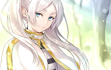 白发 长发 蓝眼睛 微笑 动漫女孩 尖耳朵 树  电脑壁纸 4K壁纸