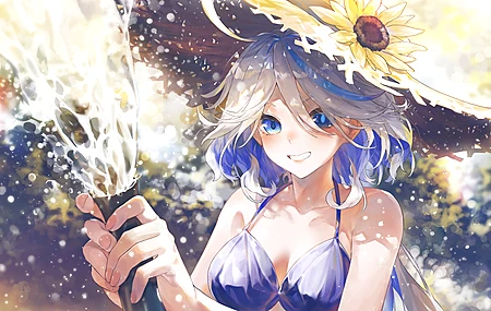 微笑长发蓝眼睛 异瞳 蓝头发 动漫 动漫女孩 原神 草帽 水 比基尼 水滴 向日葵  电脑壁纸 4K壁纸