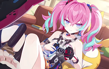 脚 短发 蓝眼睛 室内 女性 肩膀 动漫女孩 双马尾辫 书籍 沙发 手套  电脑壁纸 4K壁纸