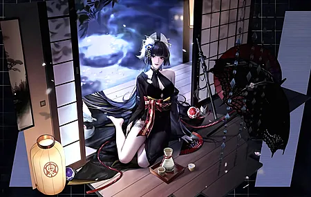 长发 肩膀 动漫女孩 动漫 清酒 夜 花瓣 杯子 武士刀 武器 灯笼 地板  电脑壁纸 4K壁纸