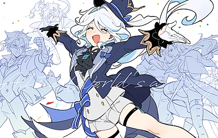 白发 笑 长发 艺术品 动漫 动漫女孩 舞蹈 帽子 短裤 领结 宝石 原神 电脑壁纸 4K壁纸