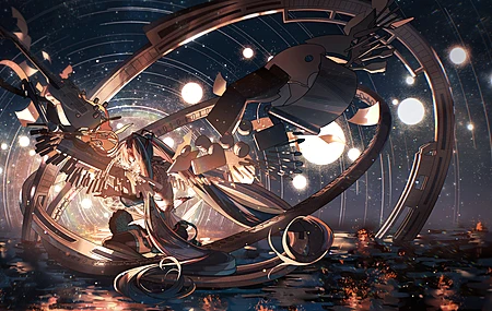 长发 闭眼 动漫 动漫女孩 初音未来 双胞胎 水 星星 夜 天空 裙子  电脑壁纸 4K壁纸