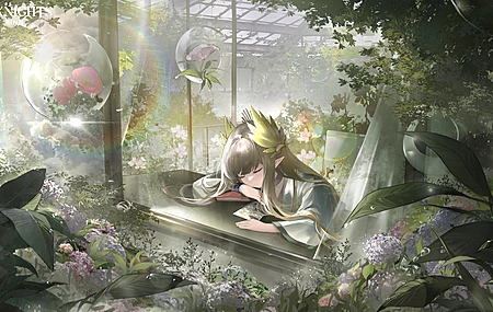 眼睛 长发  骑士 耳朵 树木 长袖 睡觉 头饰 阳光 气泡 叶子 露珠 动漫女孩 动漫 绿色 书籍 花朵 明亮 植物  电脑壁纸 4K壁纸