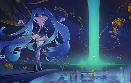 长发 蓝头发 行走 动漫 动漫女孩 天空 初音未来 水母 动物 鱼 连衣裙 白色丝袜 长筒袜  电脑壁纸 4K壁纸
