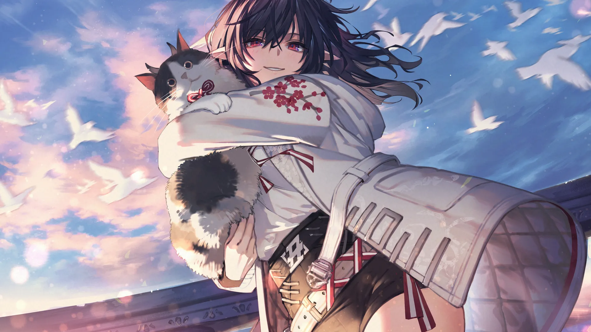 猫女 黑发 红眼 微笑 长发 大腿 猫 动漫女孩 日落 夕阳 天空 猫 云 鸟 动物 阳光 短裤  电脑壁纸 4K壁纸