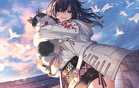 猫女 黑发 红眼 微笑 长发 大腿 猫 动漫女孩 日落 夕阳 天空 猫 云 鸟 动物 阳光 短裤  电脑壁纸 4K壁纸