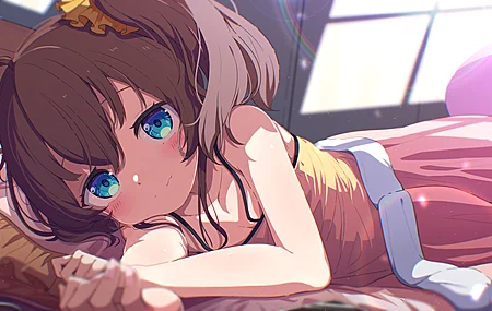 黑发 蓝眼睛 躺着 侧躺 马尾辫 艺术 虚拟 床 室内 脸红 动漫女孩 阳光 彩虹 枕头 莉莉  电脑壁纸 4K壁纸