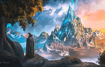 米凯莉 魔术师 甘道夫 风景 自然 奇幻艺术 树木 山脉 天空 岩石 龙 日落 云 指环王  电脑壁纸 4K壁纸